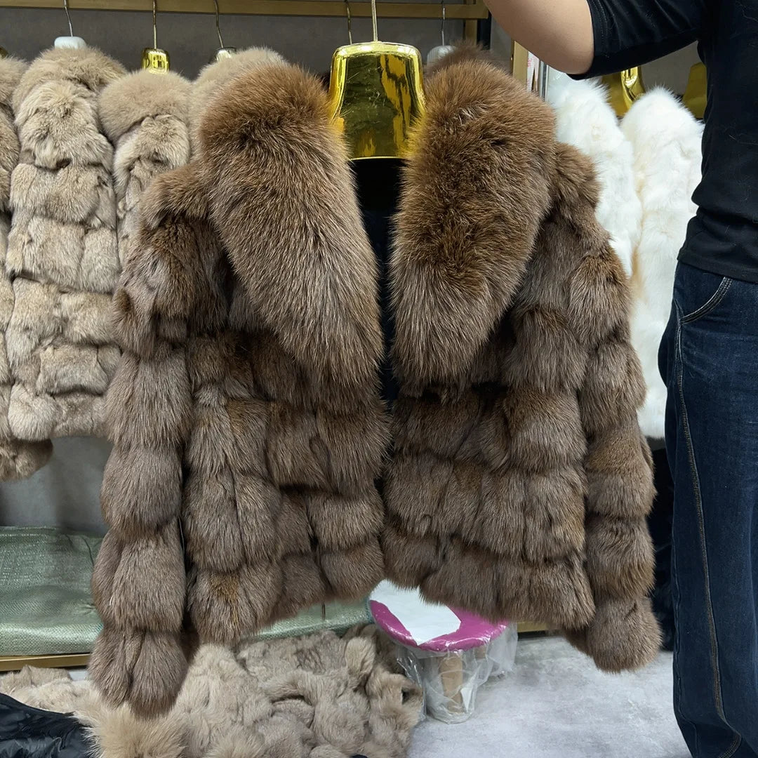 HUA QIU MEI SI Women's Natural Fox Fur Jacket with Fox Collar for Winter Warmth, Short Style Real Fox Fur Leather Jacket