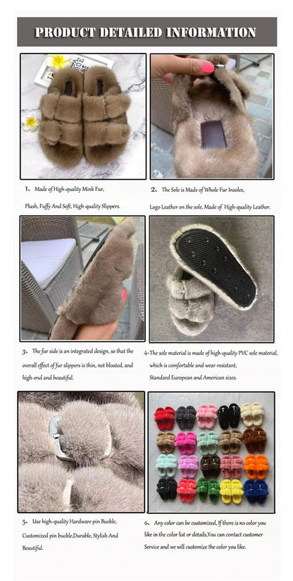 Winter Fur Slippers Women 2024 Flat Real Fur Mink Slippers Warm Soft Indoor Women Fur Slippers Luxury Designer Female Shoes