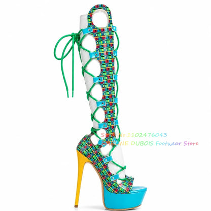 Multi Color Hollow Out High Heel Knee High Boot Women Summer New Sexy Open Toe Platform Stilettos Lace Up Runway Style Sandals