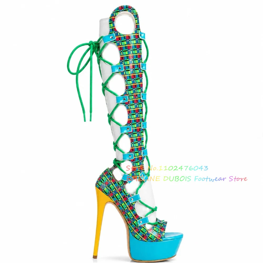 Multi Color Hollow Out High Heel Knee High Boot Women Summer New Sexy Open Toe Platform Stilettos Lace Up Runway Style Sandals