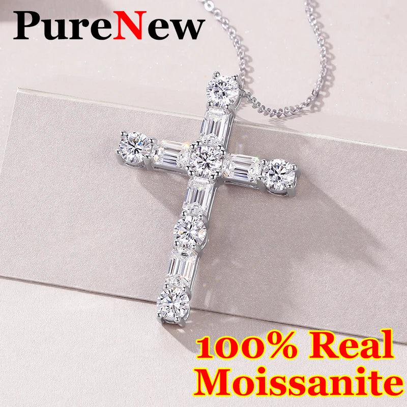 PureNew Cross Full Moissanite Diamond Necklace for Women 925 Sterling Silver Plated 18k Gold Women's Moissanite Chain Pendant