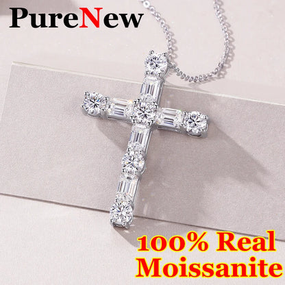 PureNew Cross Full Moissanite Diamond Necklace for Women 925 Sterling Silver Plated 18k Gold Women's Moissanite Chain Pendant