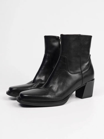 Elegant Office Ladies Chunky Heels Genuine Leather Short Boots Square Toe New Designer Shoes Women Vintage Cowhide Ankle Boots