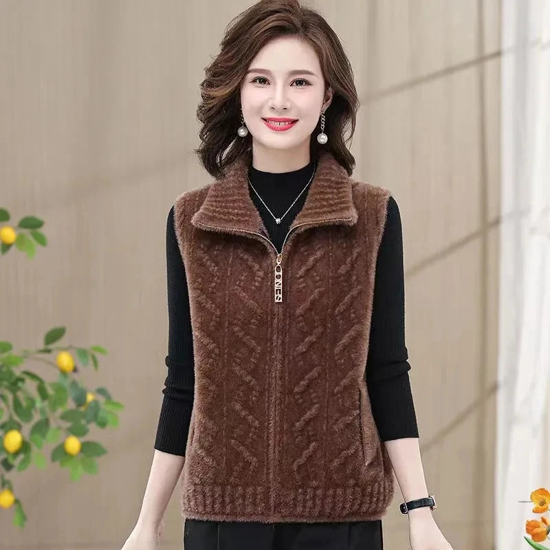 2025 Autumn Winter Zipper Middle Aged Mother Women's Mink Fur Vest Coat Fashion Sleeveless Doll Collar Lady Waistcoat Jacket