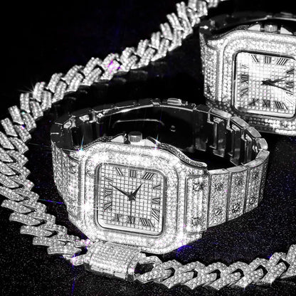 3pcs Men's Watch Set Hip-hop Punk Inlay Diamond Square Watch+Cuban Chain+Bracelet Comes With Strap Adjuster Stylish Jewelry Gift