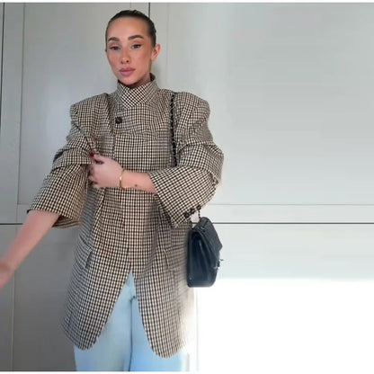 Plaid Cropped Trench Coat Lapel Collar Double Breasted Belted Waist Long Sleeve Women All-match Coats 2026 Autumn Commute Outfit
