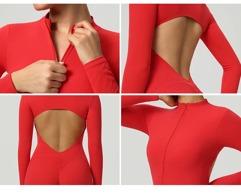 Women V-Back Sports Overalls Zipper Workout Jumpsuit Gym Fitness Suits Sports Bodysuits Female Running Tracksuit Sportswear