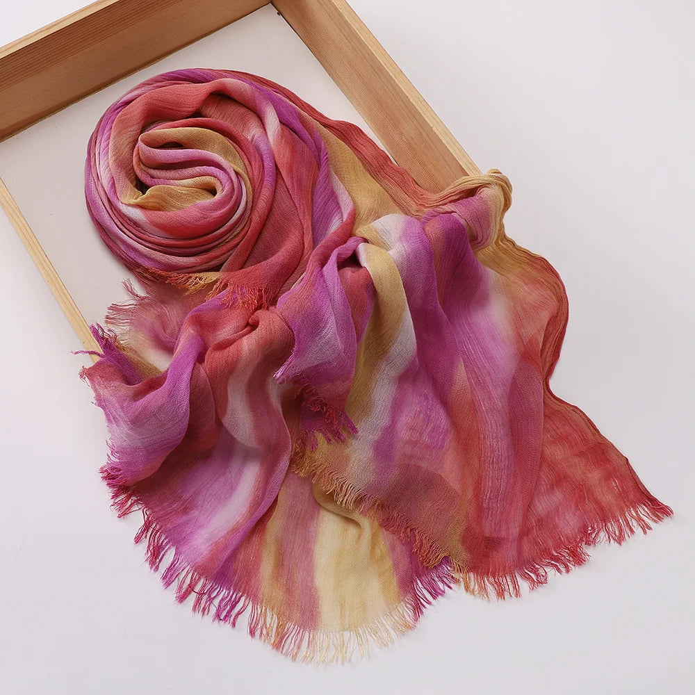 New Fashion Cotton Blend Hijabs Scarf Woman Graduated Color Striped Women Headscarf Retro Versatile Printing Long Shawl