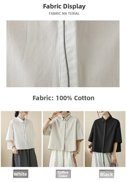 High-End Korean Japanese Artistic ort Sve Cotton Linen Embroidered irt Summer Wear Pear ape Fitting Women's Top