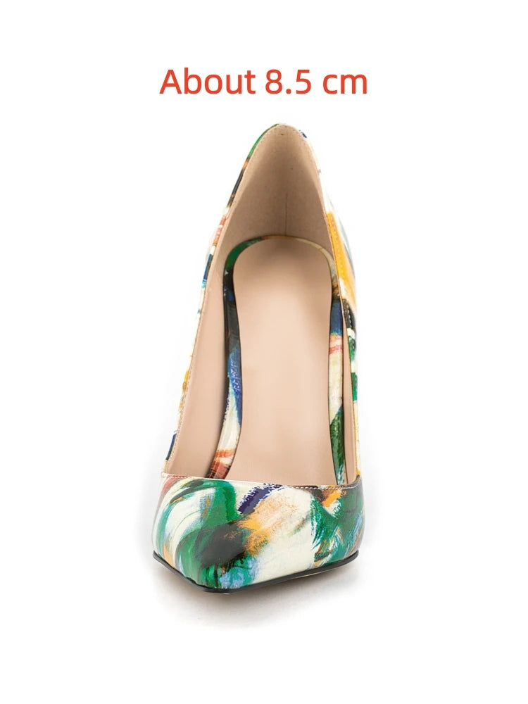 Multicolor Abstract Graffiti Print Pointed Toe Stiletto Pumps, Women Thin Heel Evening Shoes for Wedding, Formal Party and Night