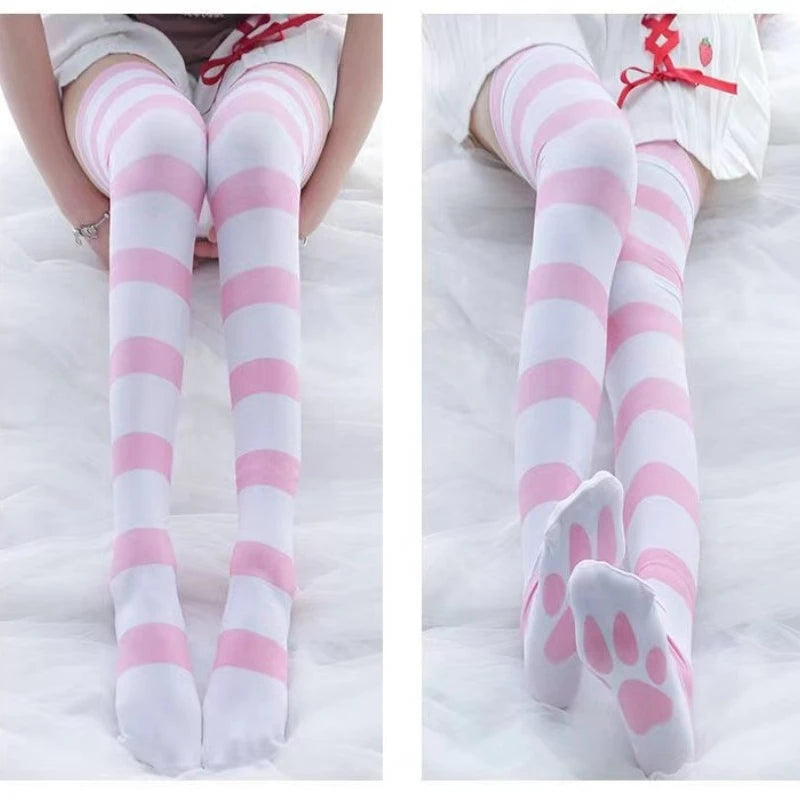 Lolita Over Knee Socks Pink Strip Kawaii Cat Paw Print Stockings Lolita Gothic Velvet Over The Knee Thigh High JK Long Stockings