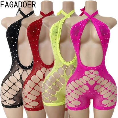 FAGADOER Sexy Hollow-out Rhinestone Patchwork Bodycon Rompers Woman Halter Sleeveless Backless Jumpsuits Female Party Clubwear