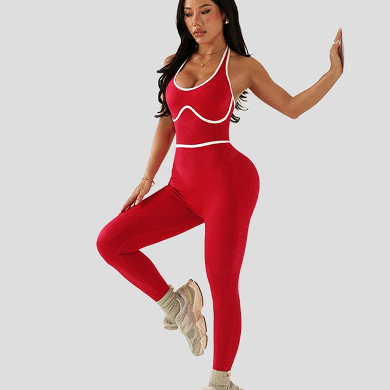 European Style Line Block Bodysuit Women One Piece Yoga Set Seamless Fitness Set Long Pants Gym Workout Fashion Sports Bodysuit