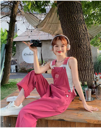 Vintage Pink Denim Overalls Adjustable Strap Wide Leg Jumpsuit Y2K Cute Campus Casual Pants