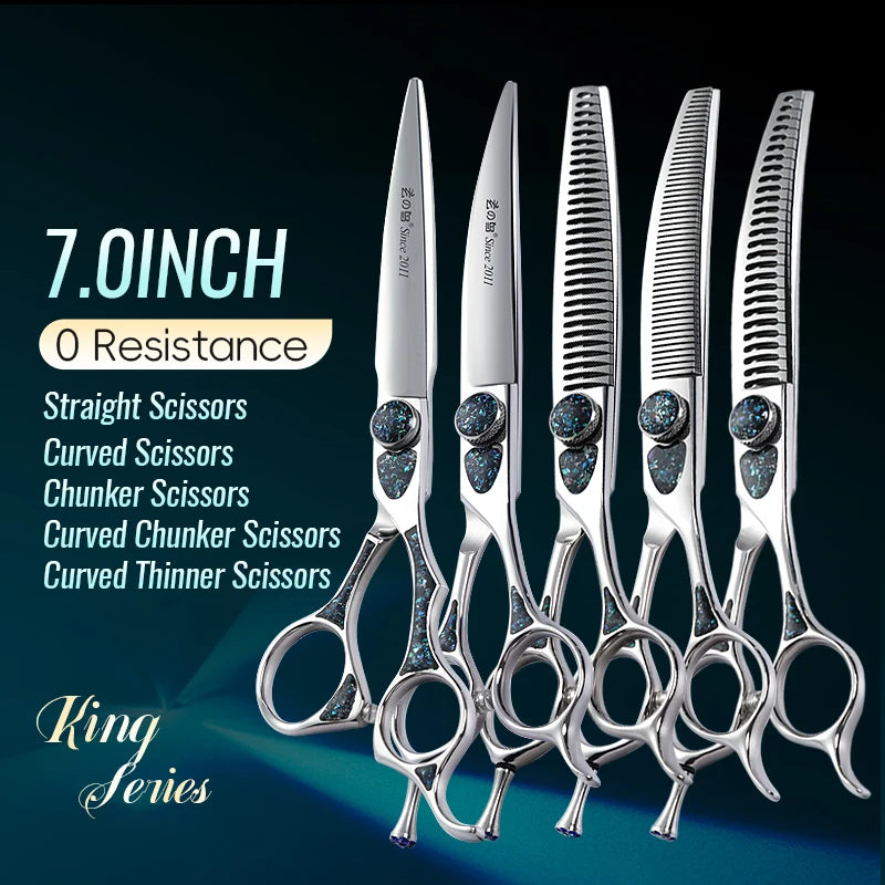 Fenice King Series 7/7.5Inch VG10 Shell Bearing Screws Dog Trimming Grooming Straight Curved Thinner Chunker Pet Scissors Tools