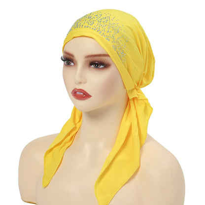 Fashion Muslim Headscarf Hat for Women Thin Summer Inner Hijab Caps Solid Color Diamond Turban Bonnet India Headwrap