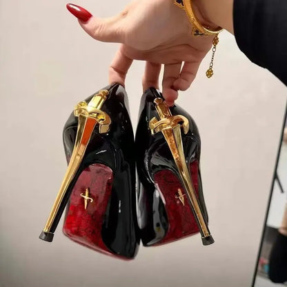 2026 Early New High Heels Women's Fine Heels Pointed Metal Swords Sexy Queen Black Lacquer Leather Single Shoes