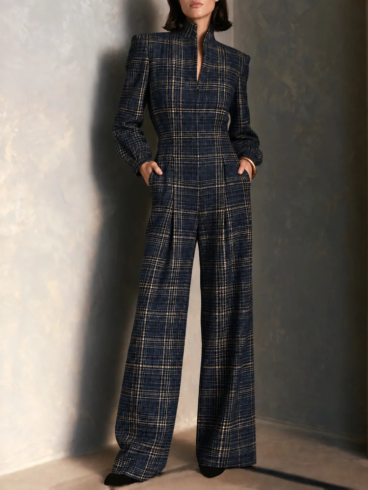 Temperament Plaid Printed Jumpsuit For Women Spring Autumn Fashion High Waist Wide Leg Romper Ladies Casual Jumpsuit With Pocket