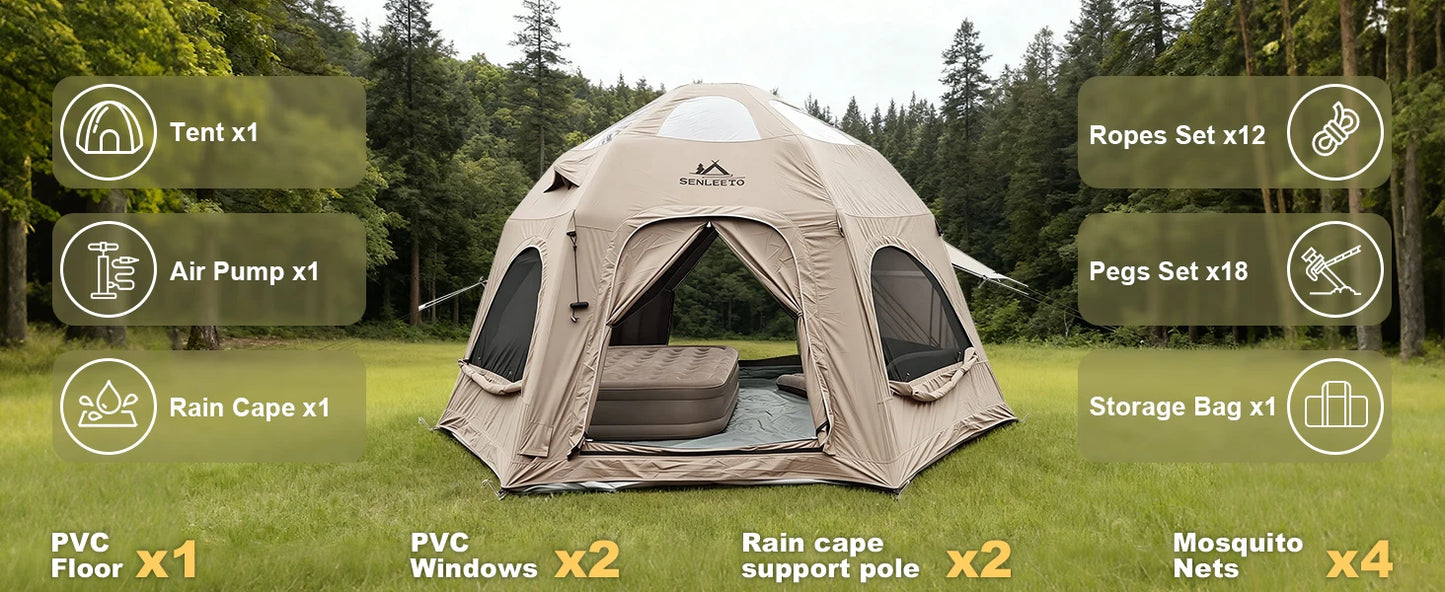 SENLEETO Inflatable Tent Glamping Dome Tent 420D Oxford Large Family Camping Tent with Rainfly Extension All Around View Luxury Outdoor House Tent