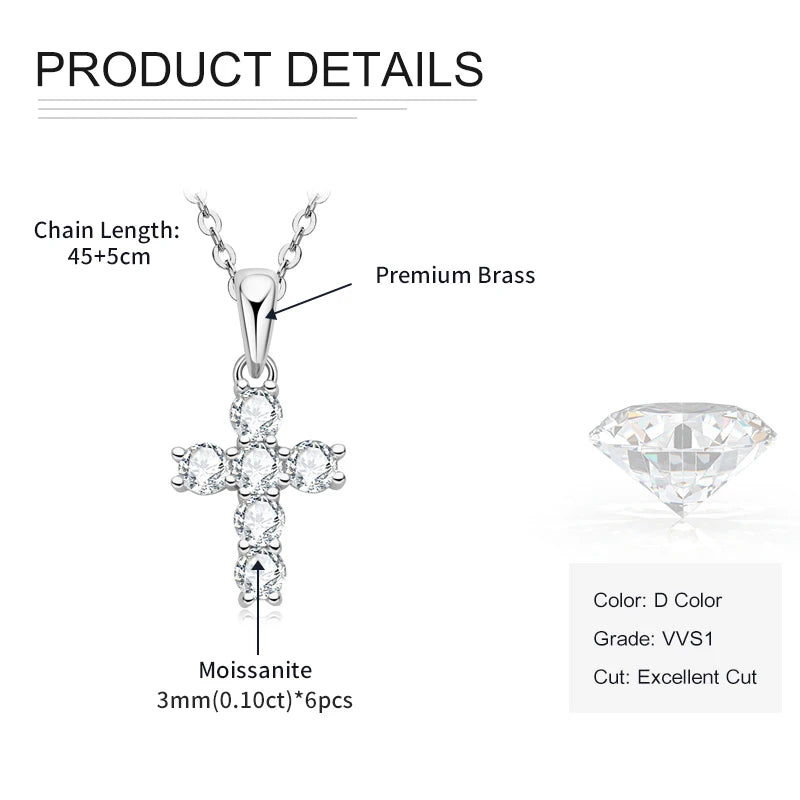 Rrjzz D-Color Moissanite Cross Pendant Necklace for Women VVS1 GRA Lab Imitation Diamond Dainty Necklace Faith Jewelry Gifts