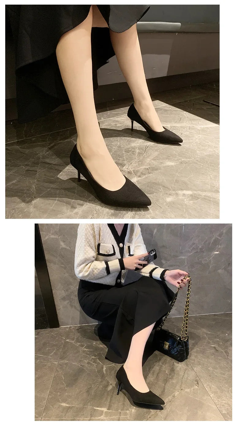 Spring and Autumn New Black High Heels Female Shallow Mouth Pointed Thin with Sexy Temperament Single Shoes Zapatos De Mujer
