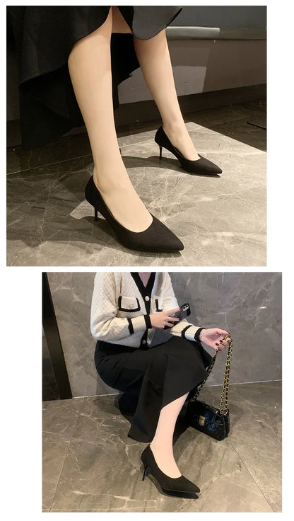 Spring and Autumn New Black High Heels Female Shallow Mouth Pointed Thin with Sexy Temperament Single Shoes Zapatos De Mujer