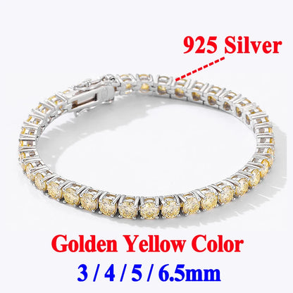 Gold Yellow Green Blue Pink Certified Moissanite 3 4 5 6.5MM Tennis Chain For Women Man 925 Sterling Silver Moissanite Bracelet