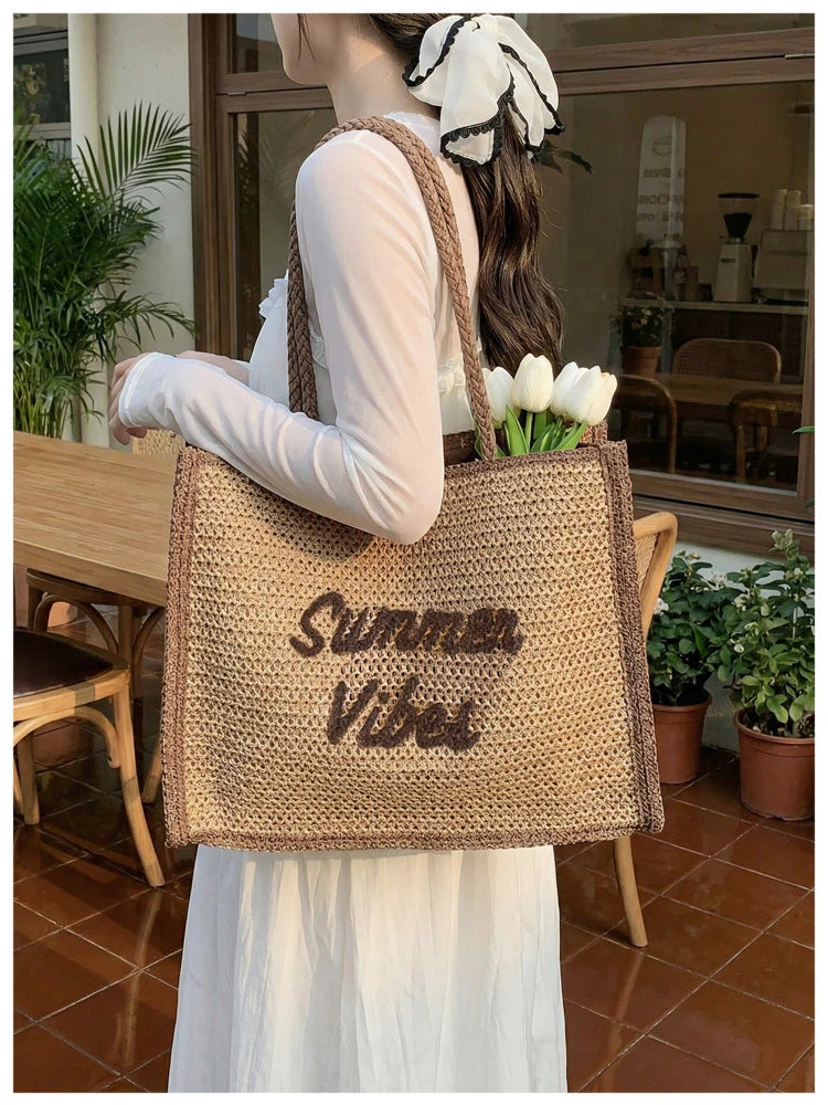 Large Capacity Women Tote Bag 2026 New Fashion Hand-made Straw Bag Female Shoulder Handbag Causal Commuter Bags for Ladies