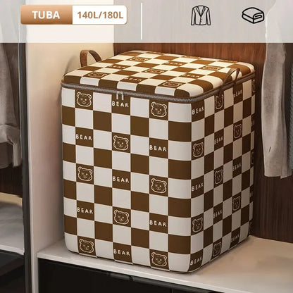 Portable Large Capacity Quilt Storage Bag Cute Bear Plaid Pattern Clothes Organizer Perfect Home Moving Storage Bag