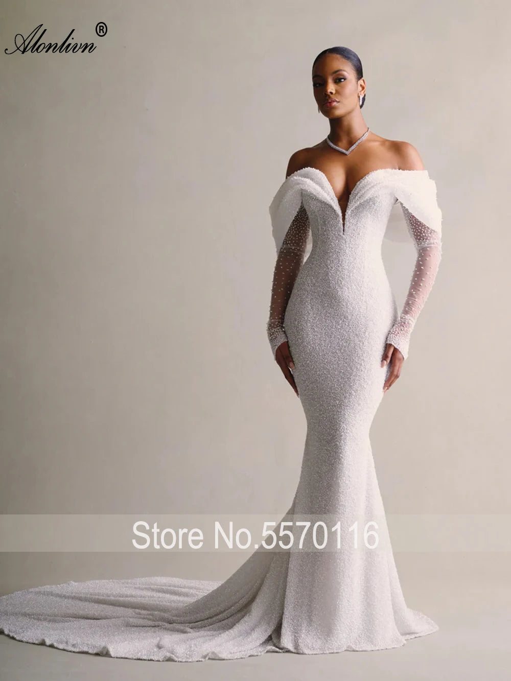 Alonlivn Custom Made Shiny Beading Pearls Mermaid Wedding Dresses Off-the-Shoulder Sleeves Removable Train 2 In 1 Bride Gowns