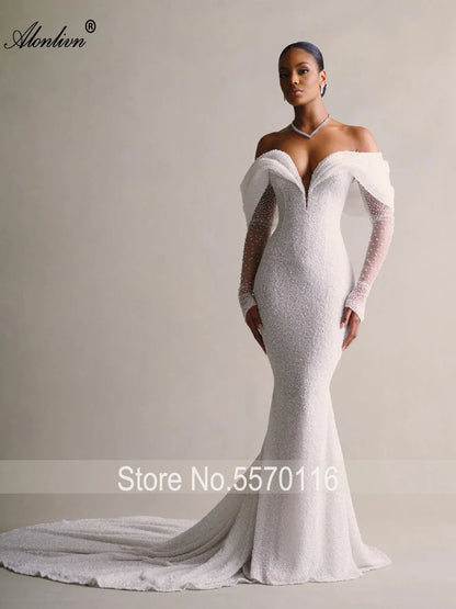 Alonlivn Custom Made Shiny Beading Pearls Mermaid Wedding Dresses Off-the-Shoulder Sleeves Removable Train 2 In 1 Bride Gowns