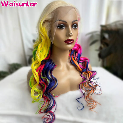 Highlight Colored Green Yellow and Blue Pink Front Wigs Human Hair For Women Body Wave 13x4 Transparent lace Frontal human hair