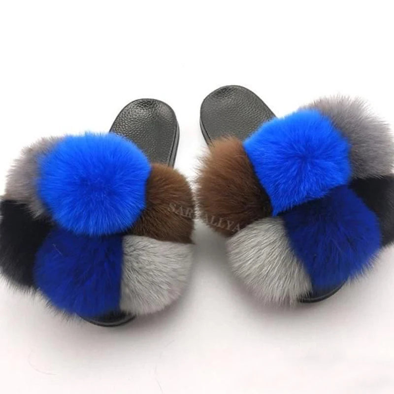 Natural Fox Fur Slippers, Fashionable Outdoor Multi-Color Animal Hair Slippers, Women's Gifts, Soft EVA Sole Slippers, On Trend