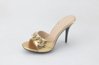 Female Summer High Heels Sexy Open Toes Slippers Luxury Rhinestone Party Dress Shoes Black Slides Sandals Women Mules Plus Size