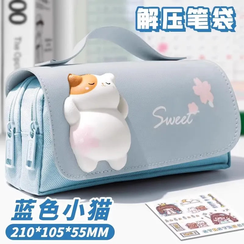 Green Panda Pencil Bag Large Capacity Stationery Pen Case Bear Dog Cat Handle Storage School Supplies Gift Box PU Ruler Holder A
