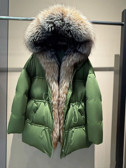 Winter New Arrival Women's Long down Jacket withLargeFox Fur Collar Fashionable Waist-Cinching Drawstring Loose Goose down Coat