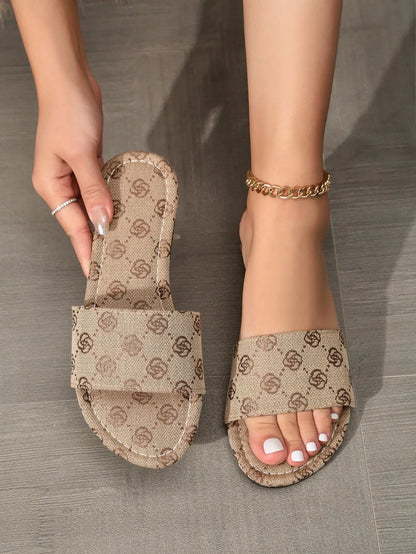 Summer New Women's Round Head Flat Soled Non-slip Slippers Woman Fashion Flowers Khaki Flats Sandals Female Zapatos De Mujer