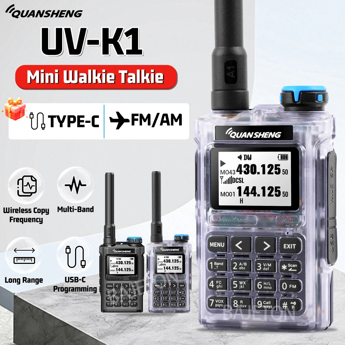 QUANSHENG UV-K1 Walkie Talkie  Air Band FM/AM Wireless Copy Frequency Type-C Charging NOAA Multi-Band For UVK5 K6 Two Way Radio