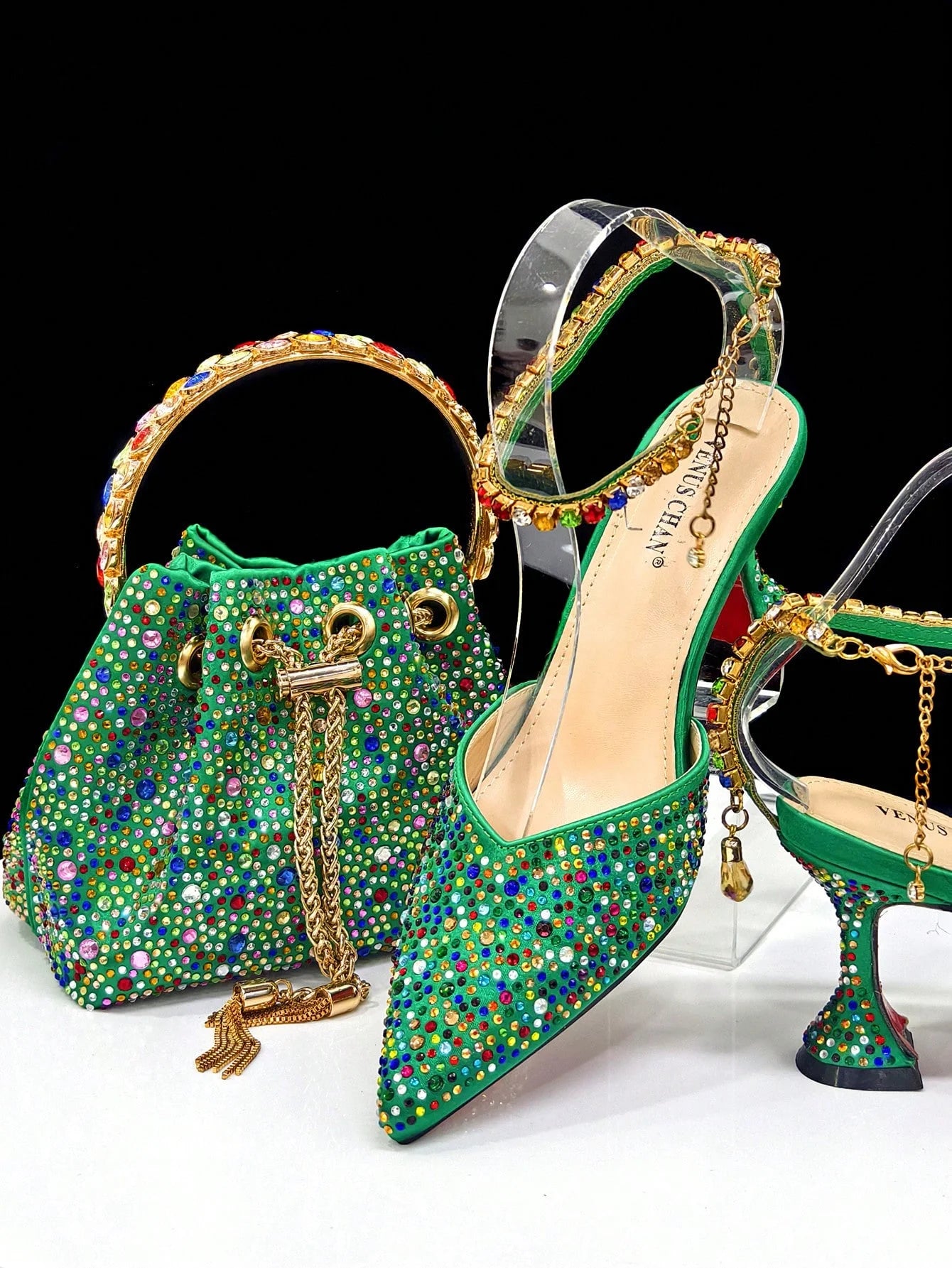 Vemus Chan 2026 New Shiny Italian Fashion Women’s Pointed Toe Heels with Rhinestone Detailing & Matching Green Color Bag Set