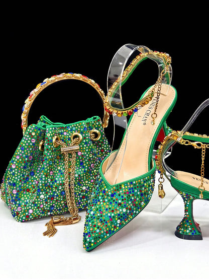 Vemus Chan 2026 New Shiny Italian Fashion Women’s Pointed Toe Heels with Rhinestone Detailing & Matching Green Color Bag Set