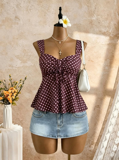 Women White Eyelet Lace Cami Top Casual Ruched Tie Front Peplum Sleeveless Camisole