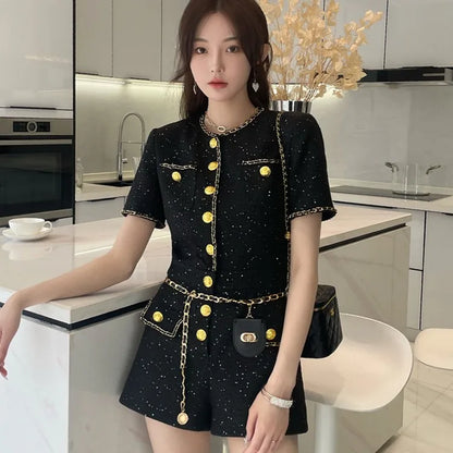 French Style Women Short Sleeve One Piece Tweed Playsuit O Neck Single Breasted Elegant Ladies Slim Fit Jumpsuit Casual Rompers