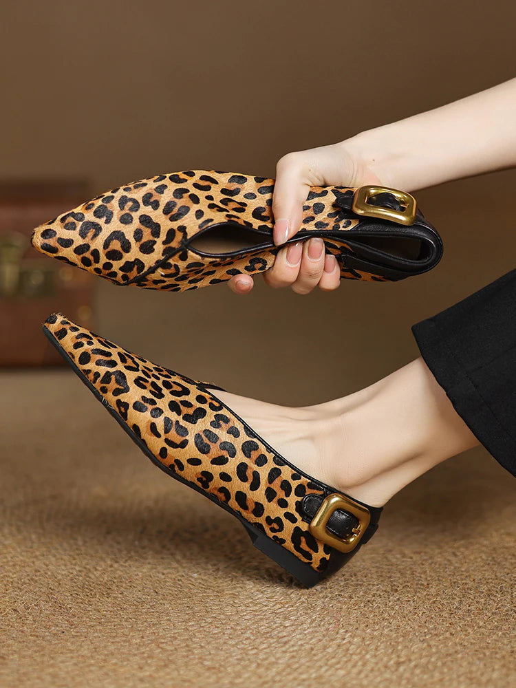 NEW 2025 Trend Genuine Leather Splicing Women Flats Spring Autumn Pattern Flat Shoes Lady Leopard Pointed Toe Buckle Style Shoes