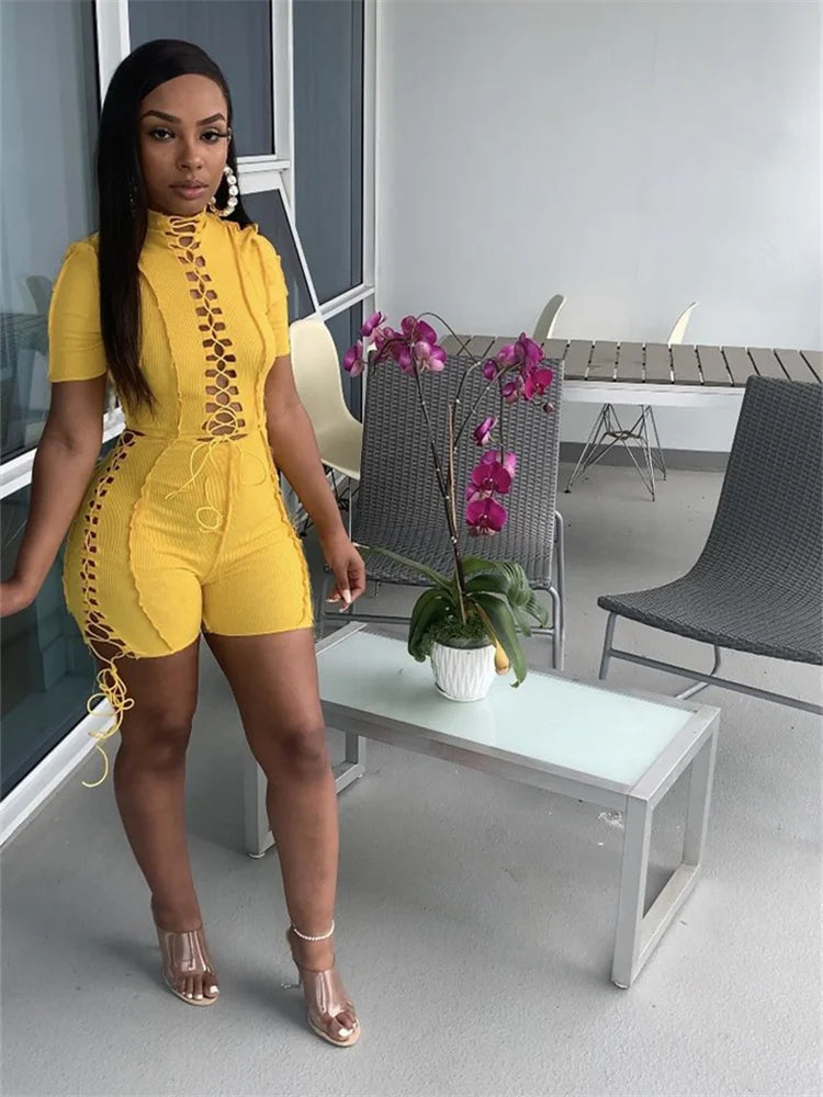 Wholesale Streetwear Jumpsuit Women 2023 One-pieces Outfits Rompers Summer Green Short Sleeve Bodycon Casual Bandage Playsuits
