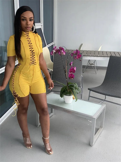 Wholesale Streetwear Jumpsuit Women 2023 One-pieces Outfits Rompers Summer Green Short Sleeve Bodycon Casual Bandage Playsuits