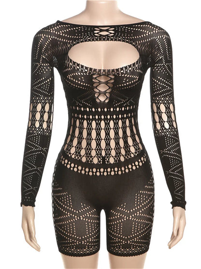 Streetwear Women 2023 One-pieces Outfits Rompers Jumpsuits Summer Long Sleeve Hollow Out Bodycon Mesh Black Romper Playsuits