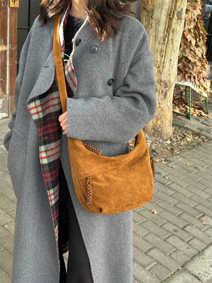 Retro Crossbody Messenger Bags For Women Faux Suede Pure Color Big Capacity Shoulder Hobo Bag 2025 Winter Latest Ladies Handbags