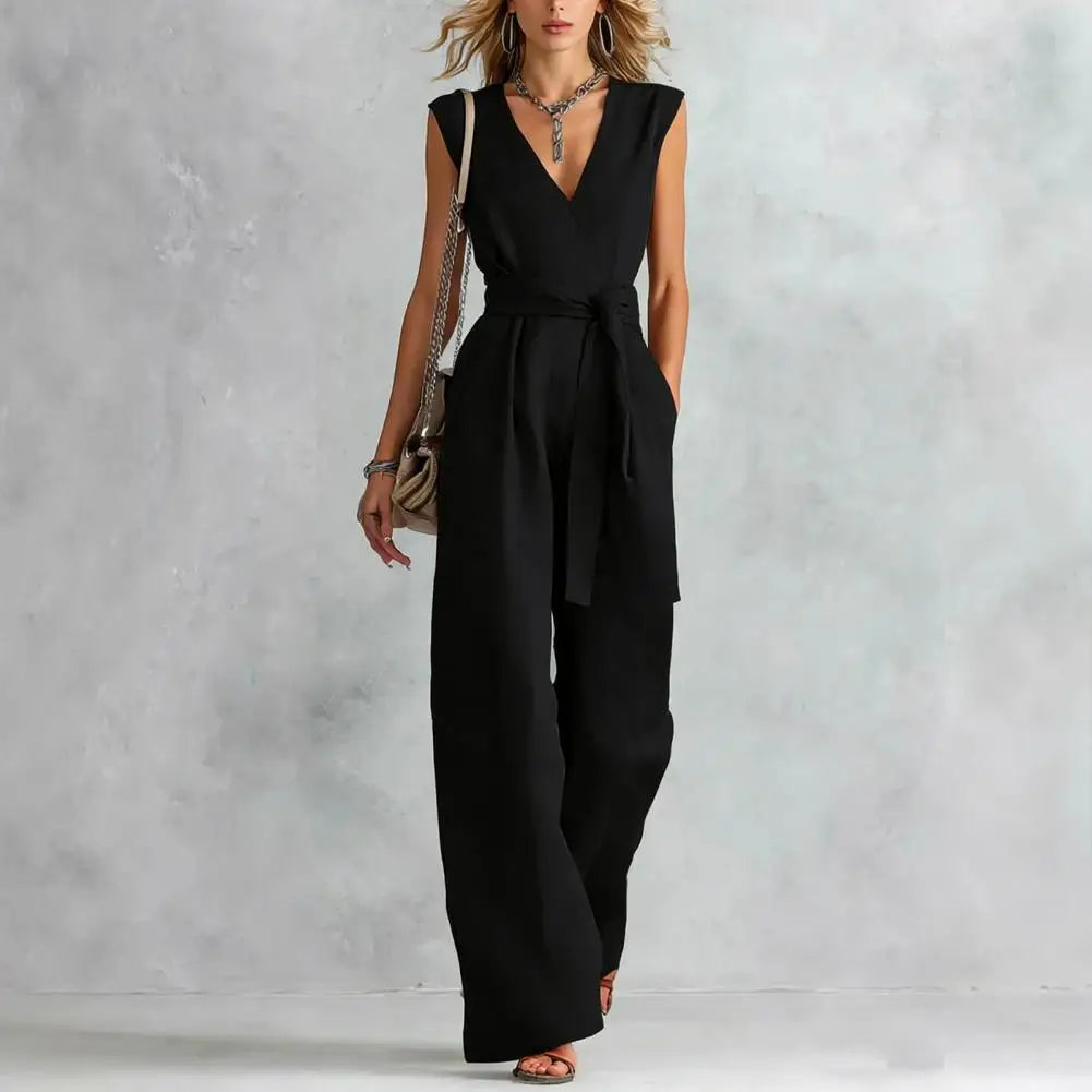 Women's Jumpsuit Sleeveless Women Jumpsuit Summer Causal Tie Waist Wide Leg Long Pants Rompers Summer V Neck One Piece Overalls