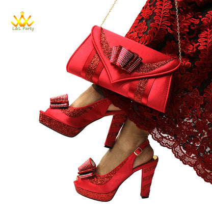 New Spring Autumn Super High Heels Shoes Matching Bag Set in Magenta Color For Nigerian Ladies Wedding Party