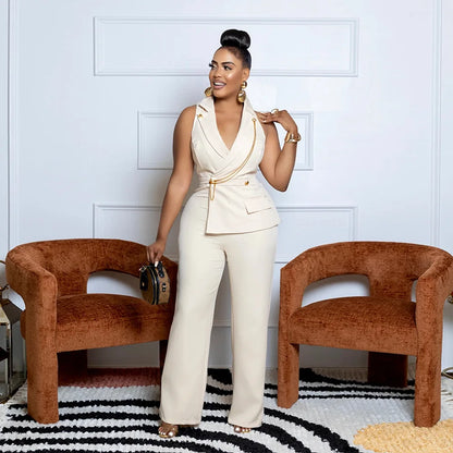 CMYAYA Elegant Womenv-neck High Waist Straight Sleeveless Blazer Jumpsuits 2024 Fall Street Chain Office Lady Party Rompers
